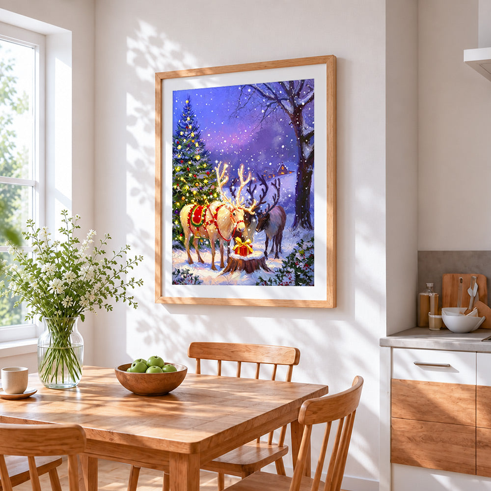 Magical glowing reindeer and christmas tree cross stitch artwork displayed on wall as home decor