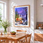 Magical glowing reindeer and christmas tree cross stitch artwork displayed on wall as home decor