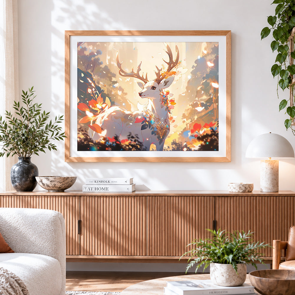 Finished magical glowing stag cross stitch artwork displayed