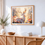 Magical glowing stag cross stitch artwork displayed on wall as home decor