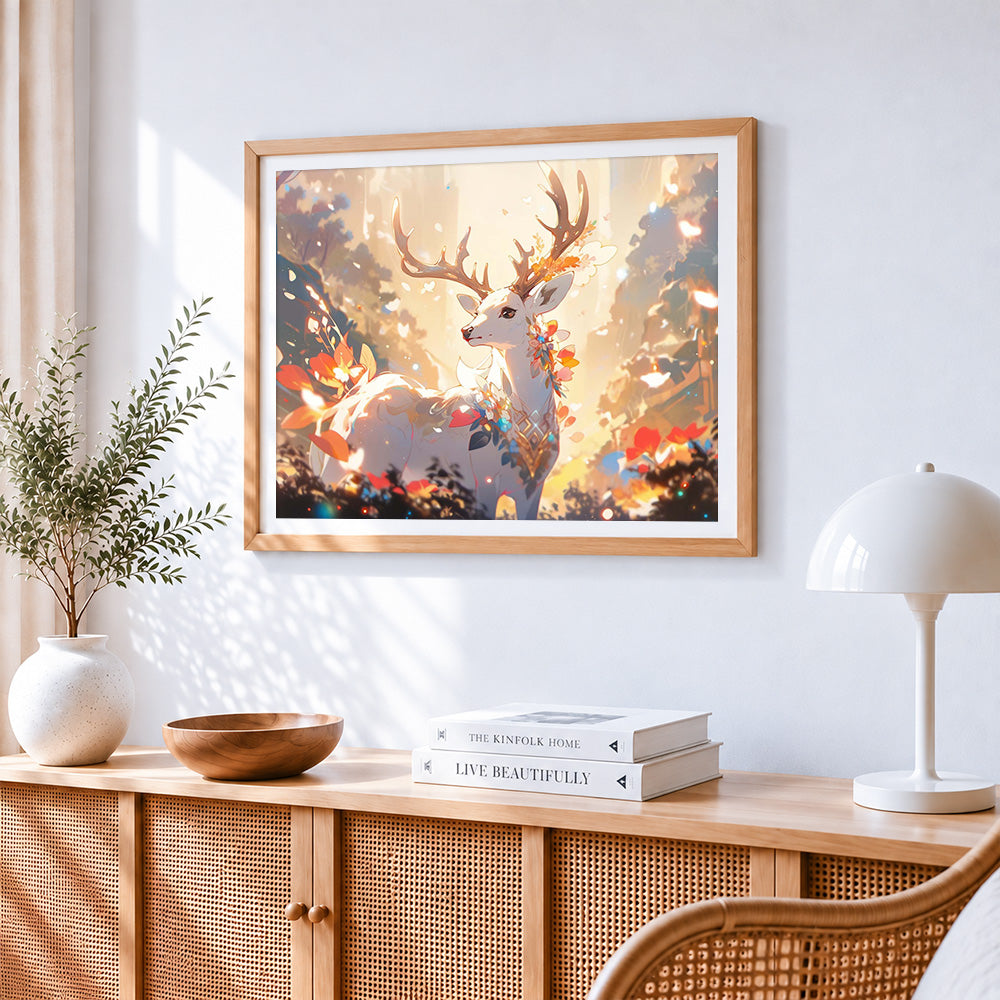Magical glowing stag cross stitch artwork displayed on wall as home decor