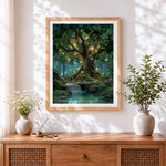 Finished magical glowing tree and fairies cross stitch artwork displayed