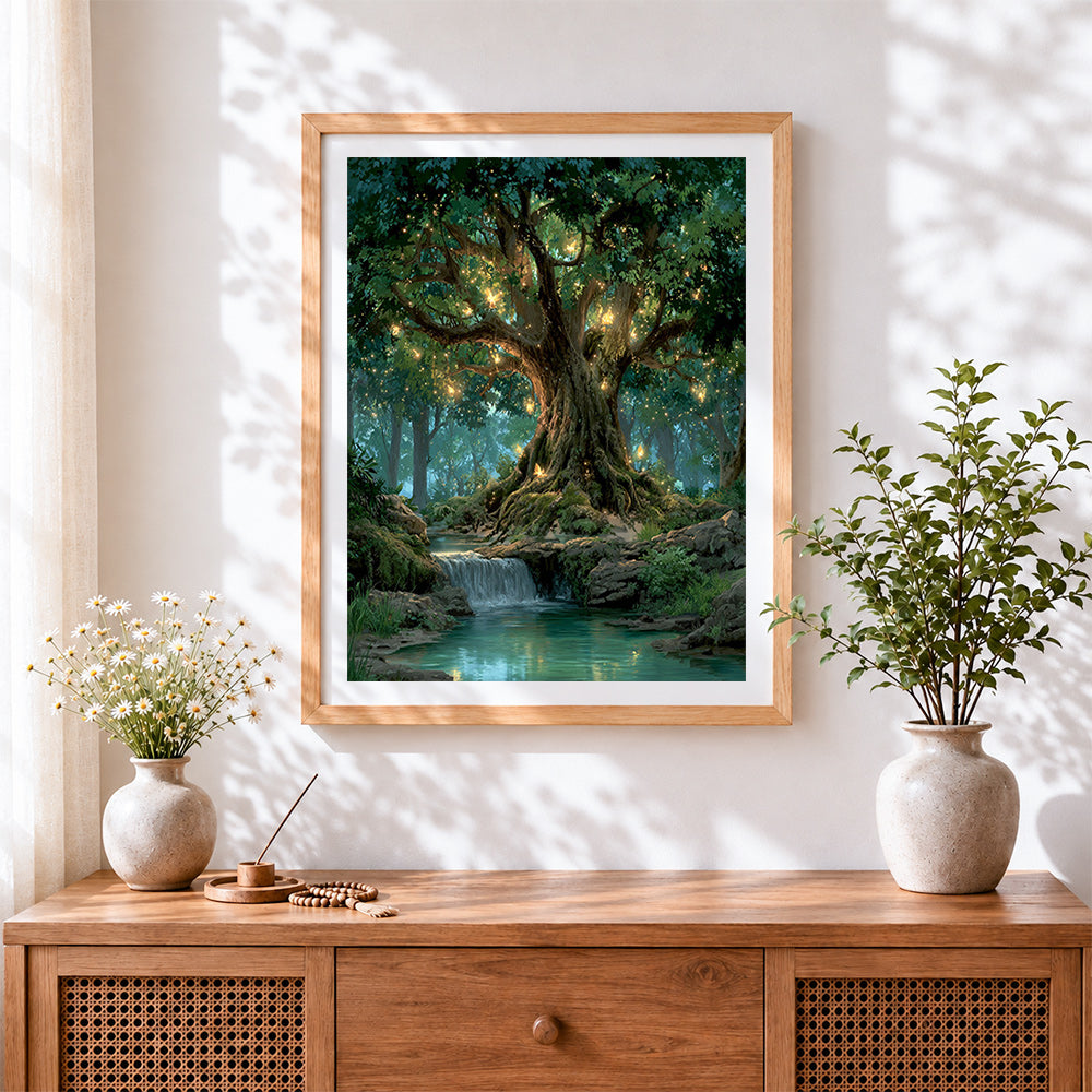 Finished magical glowing tree and fairies cross stitch artwork displayed