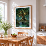 Magical glowing tree and fairies cross stitch artwork displayed on wall as home decor