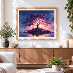 Finished magical glowing tree on an island cross stitch artwork displayed