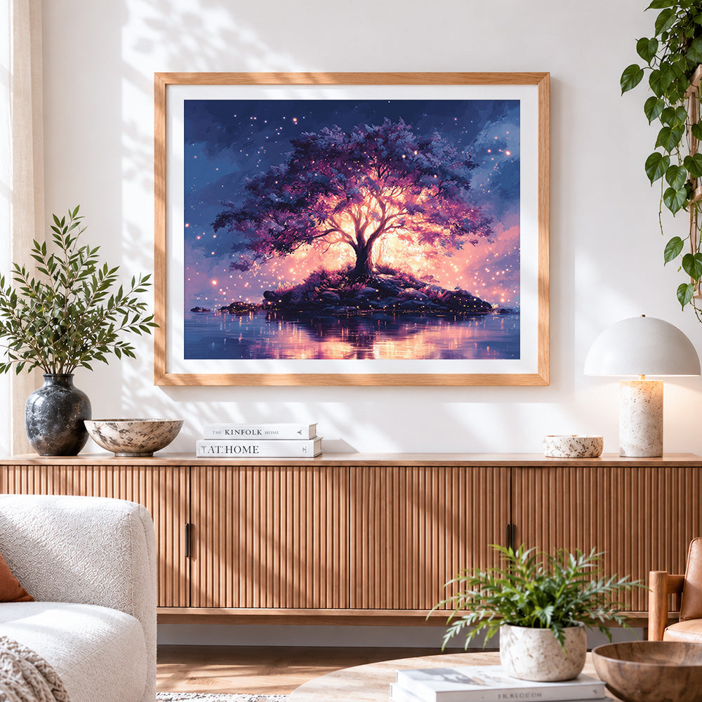 Finished magical glowing tree on an island cross stitch artwork displayed