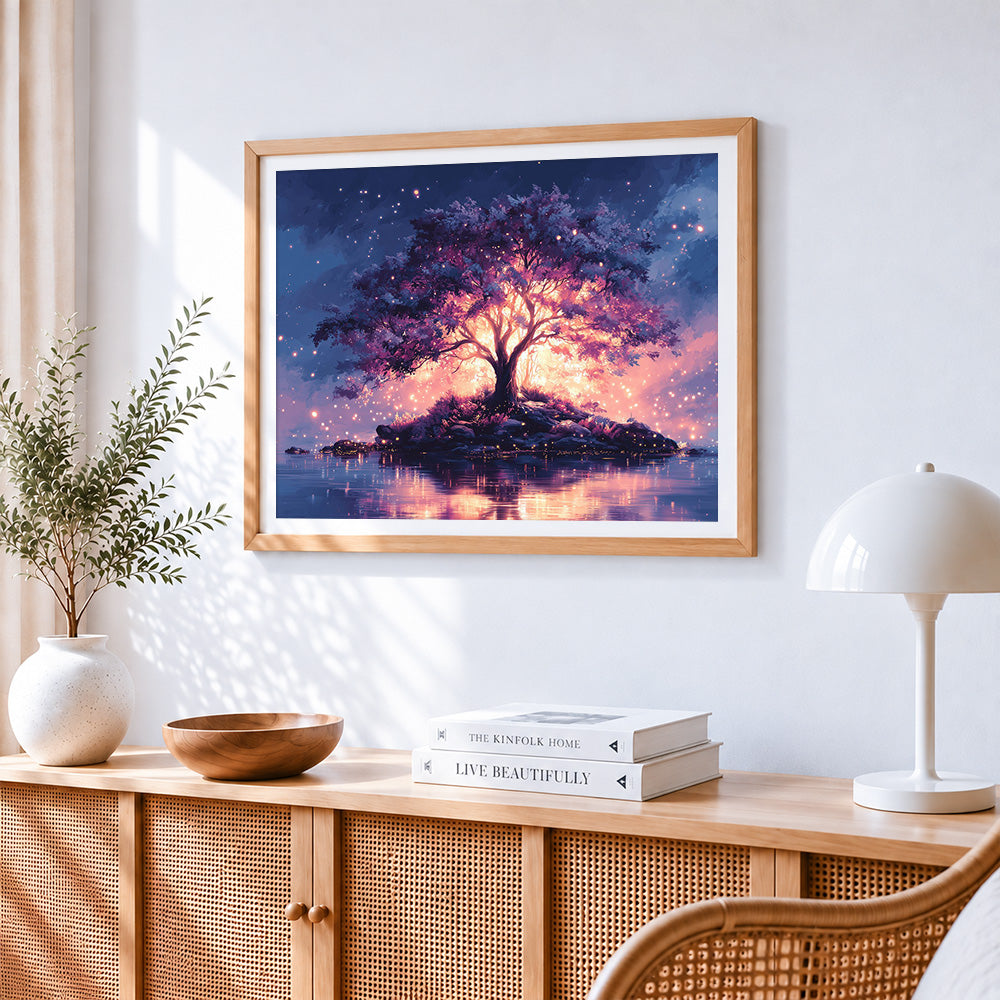 Magical glowing tree on an island paint by numbers artwork displayed on wall as home decor