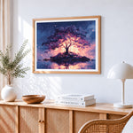 Magical glowing tree on an island paint by numbers artwork displayed on wall as home decor