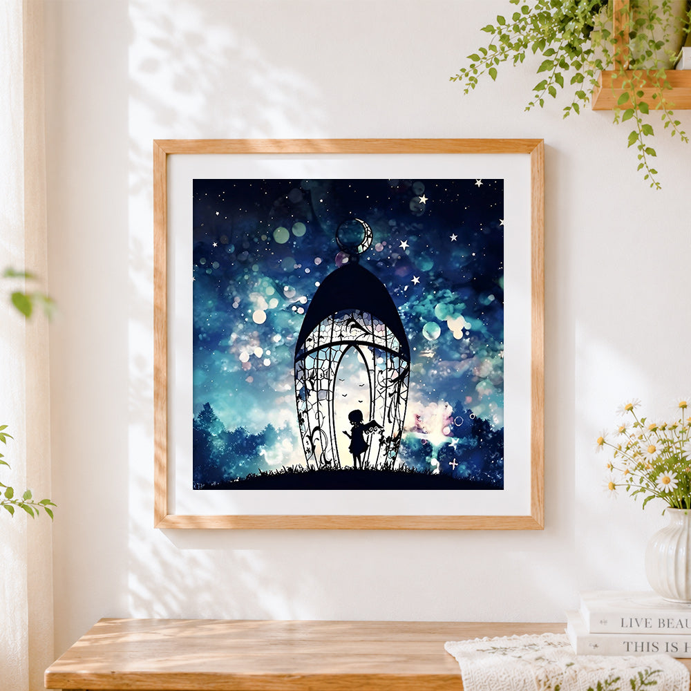 Finished magical lantern and girl under the stars cross stitch artwork displayed