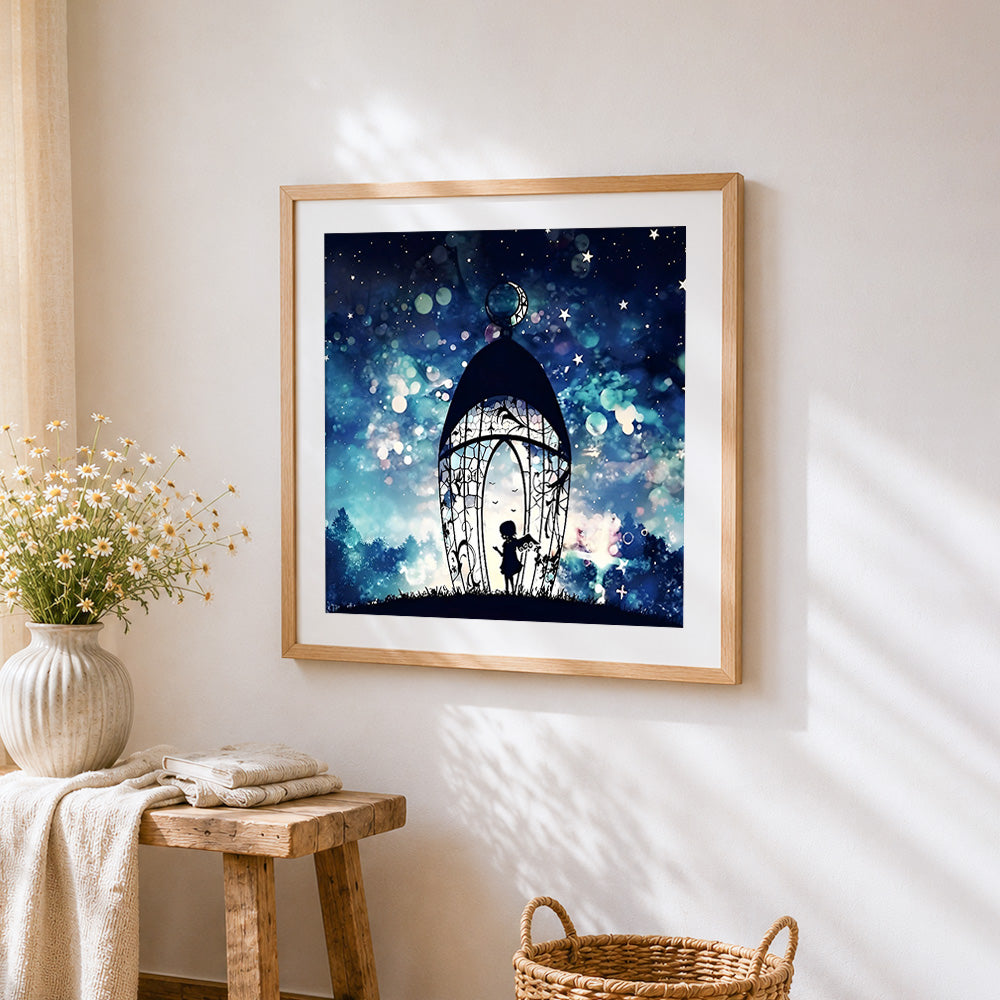 Magical lantern and girl under the stars cross stitch artwork displayed on wall as home decor