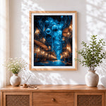 Finished magical library with floating orbs cross stitch artwork displayed
