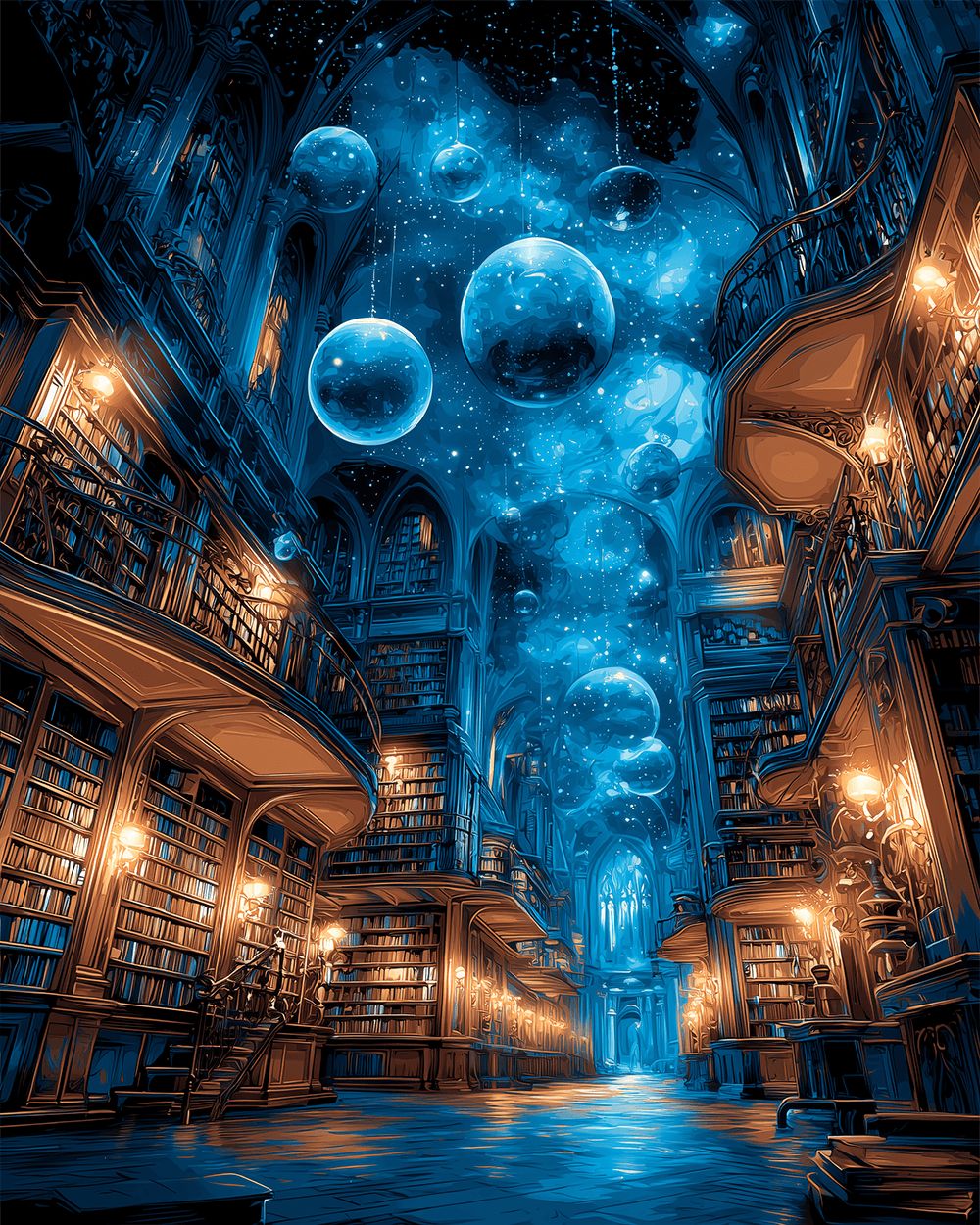Magical library with floating orbs cross stitch kit for beginners