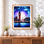 Finished magical london skyline with big ben cross stitch artwork displayed