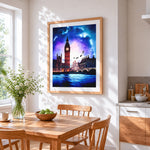 Magical london skyline with big ben cross stitch artwork displayed on wall as home decor