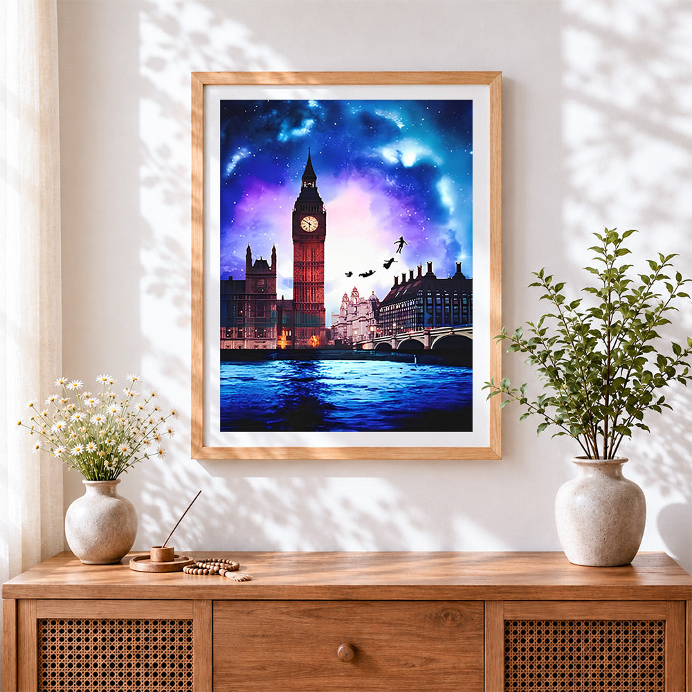 Finished magical london skyline with big ben paint by numbers artwork displayed as home decor