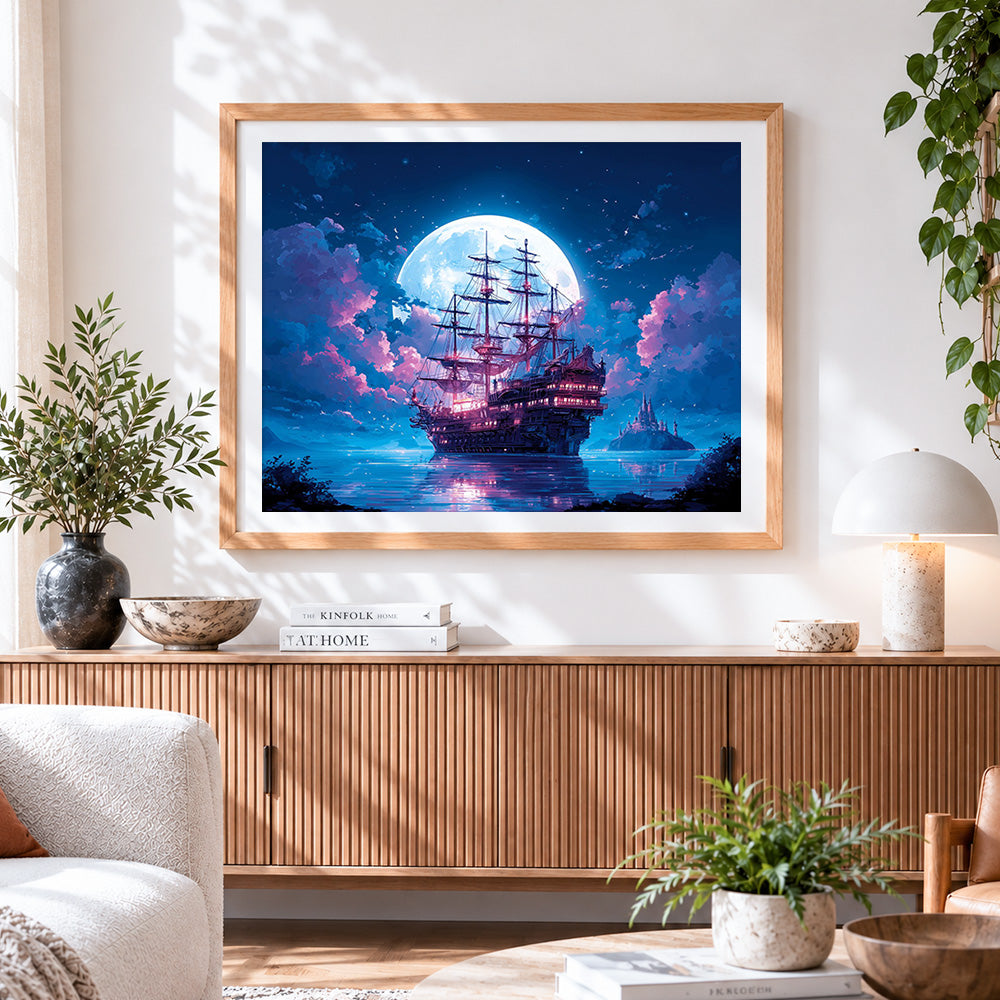 Finished magical moonlit ship cross stitch artwork displayed