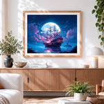 Finished magical moonlit ship cross stitch artwork displayed