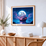 Magical moonlit ship paint by numbers artwork displayed on wall as home decor