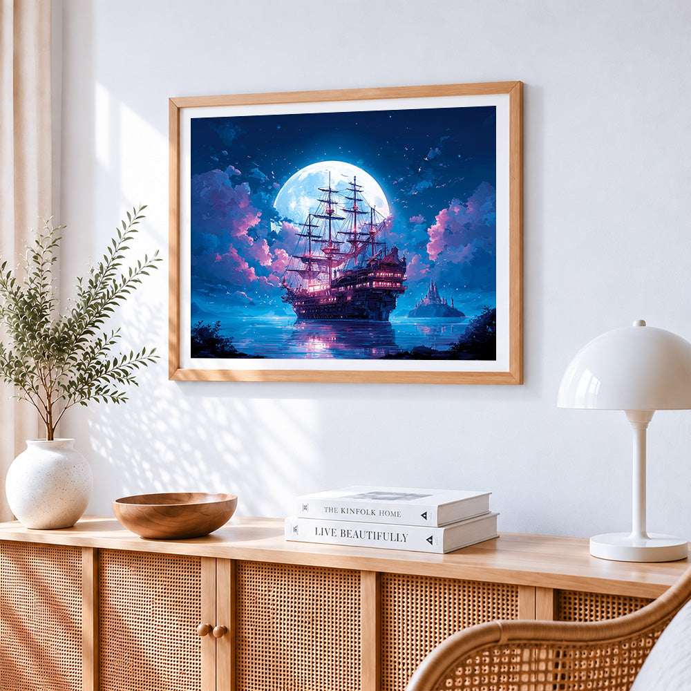 Magical moonlit ship paint by numbers artwork displayed on wall as home decor