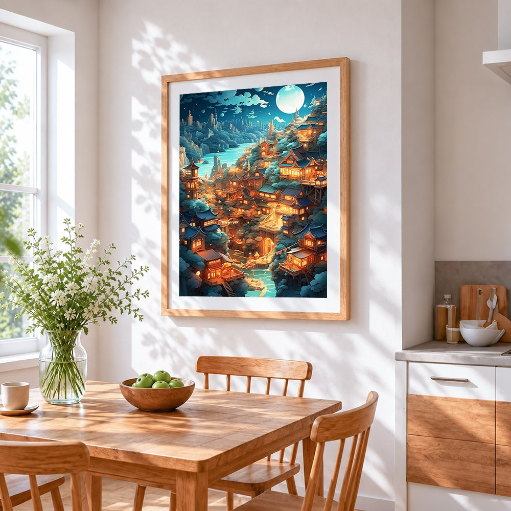 Magical moonlit village cross stitch artwork displayed on wall as home decor