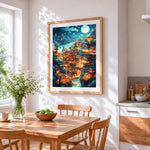 Magical moonlit village cross stitch artwork displayed on wall as home decor