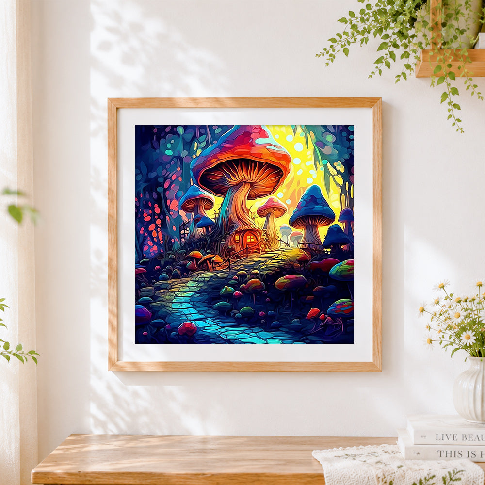 Finished magical mushroom forest path cross stitch artwork displayed