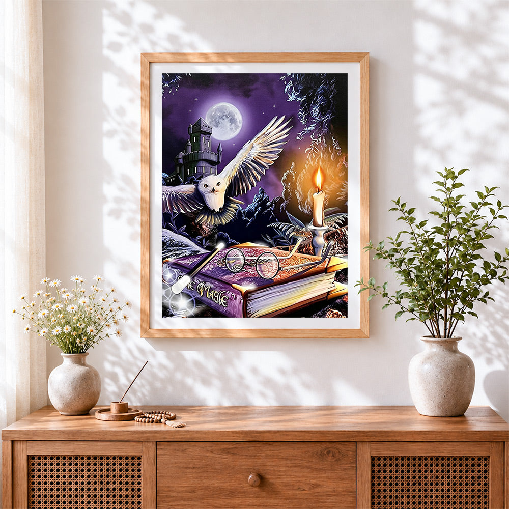 Finished magical owl wand and spellbook paint by numbers artwork displayed as home decor