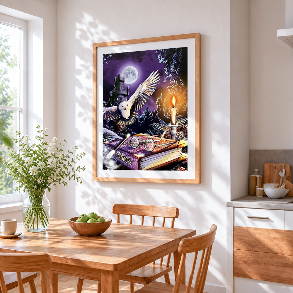 Magical owl wand and spellbook paint by numbers artwork displayed on wall as home decor