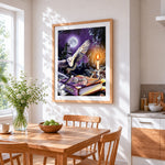 Magical owl wand and spellbook paint by numbers artwork displayed on wall as home decor