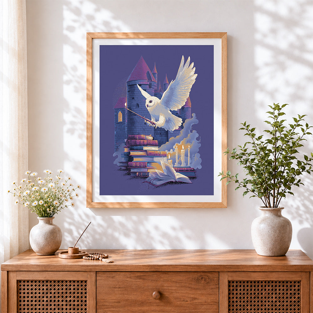 Finished magical owl with wand and castle cross stitch artwork displayed