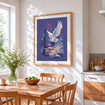 Magical owl with wand and castle cross stitch artwork displayed on wall as home decor