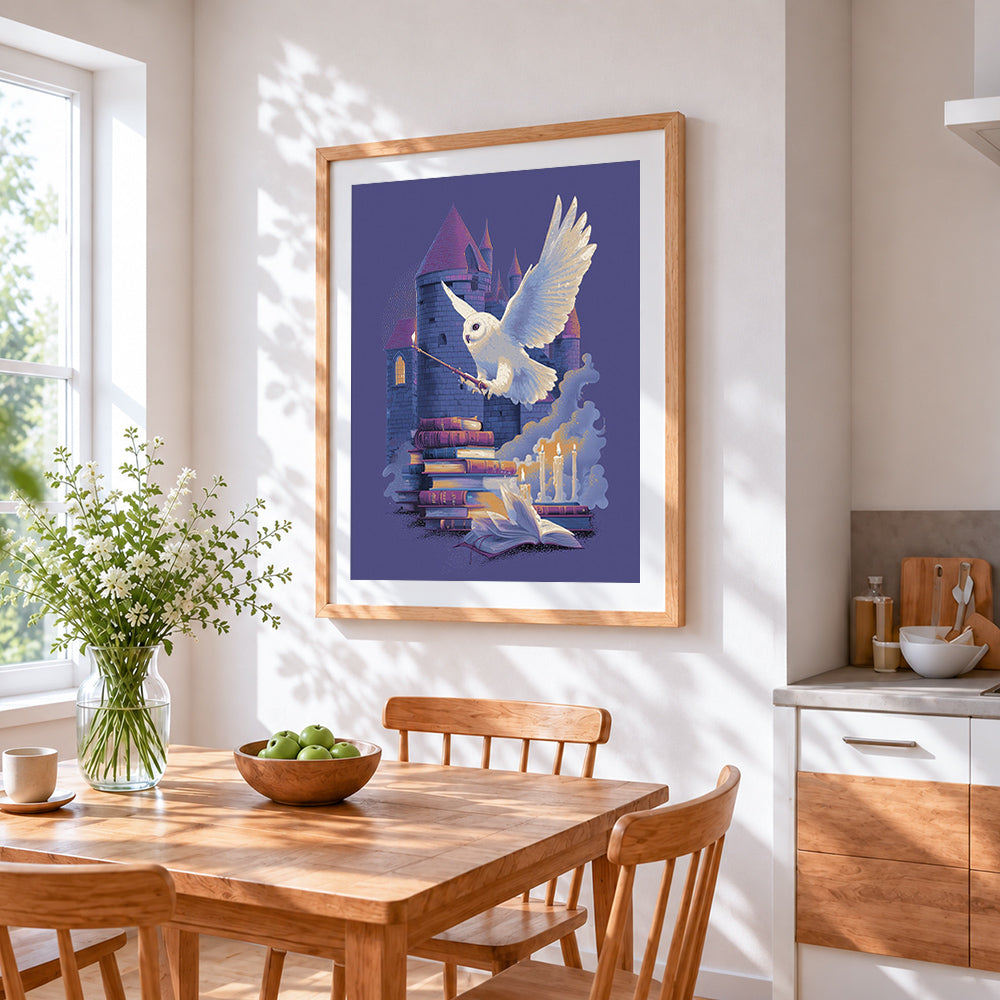 Magical owl with wand and castle cross stitch artwork displayed on wall as home decor