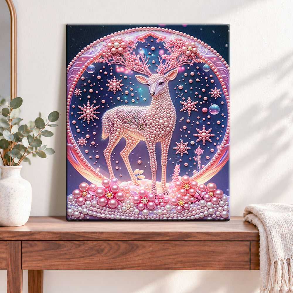 Finished magical pearled deer pearl diamond painting artwork displayed as home decor