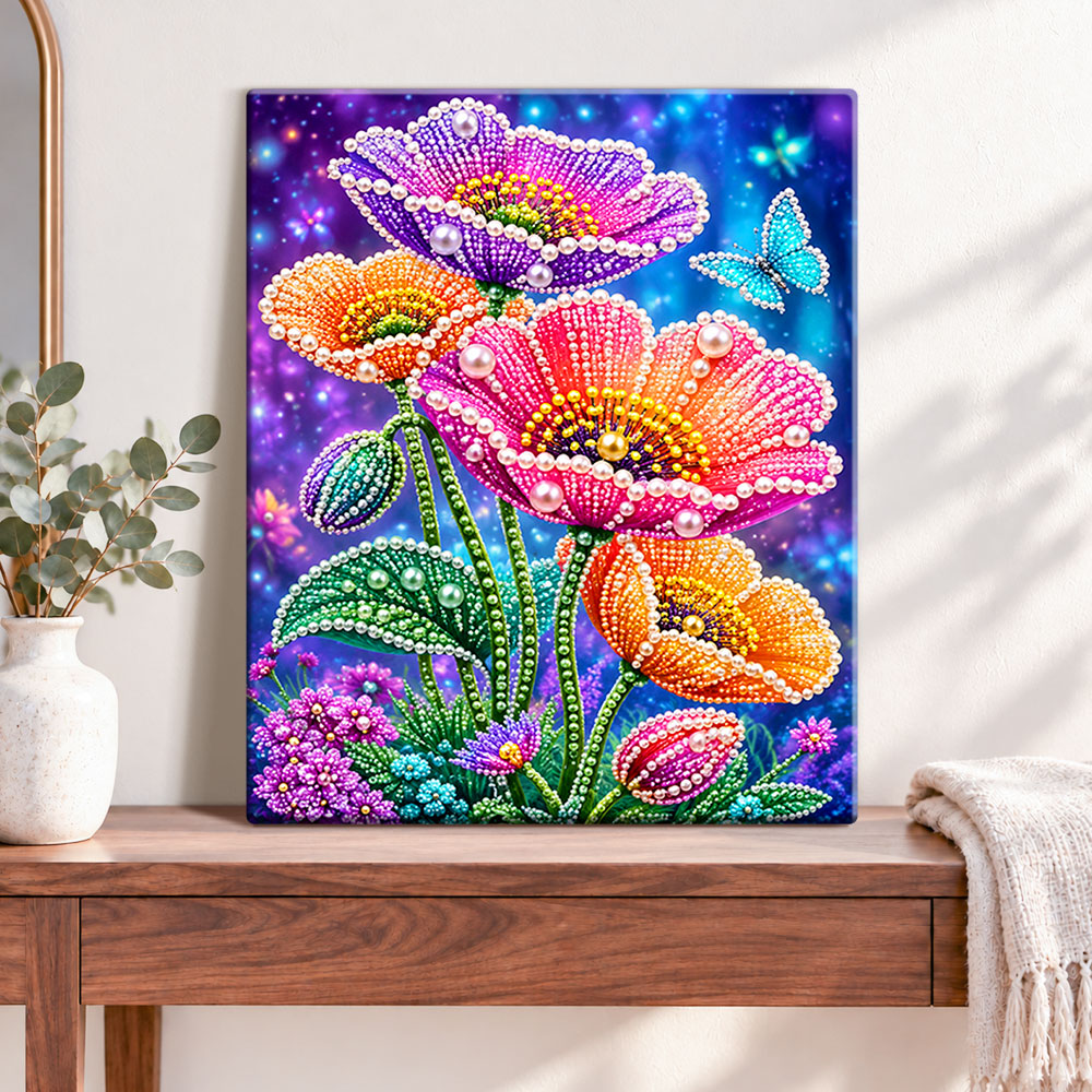Finished magical poppies and butterfly pearl diamond painting artwork displayed as home decor