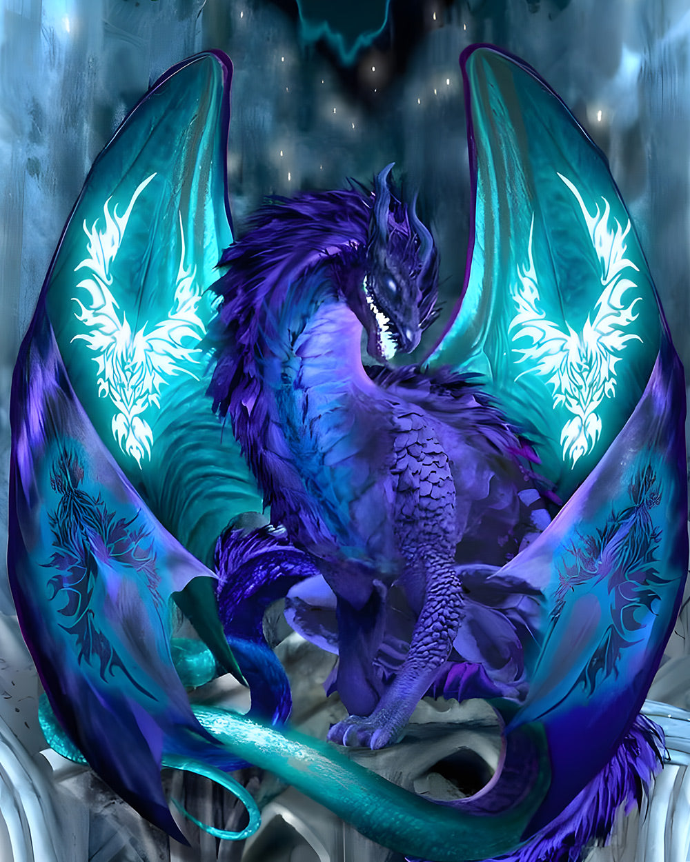 Magical purple and teal dragon cross stitch kit for beginners