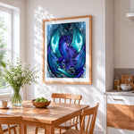 Magical purple and teal dragon cross stitch artwork displayed on wall as home decor