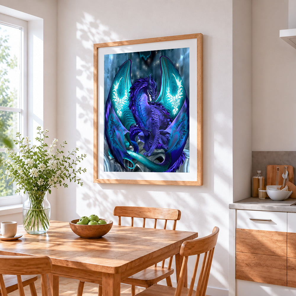 Magical purple and teal dragon cross stitch artwork displayed on wall as home decor