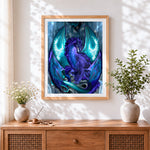 Finished magical purple and teal dragon paint by numbers artwork displayed as home decor