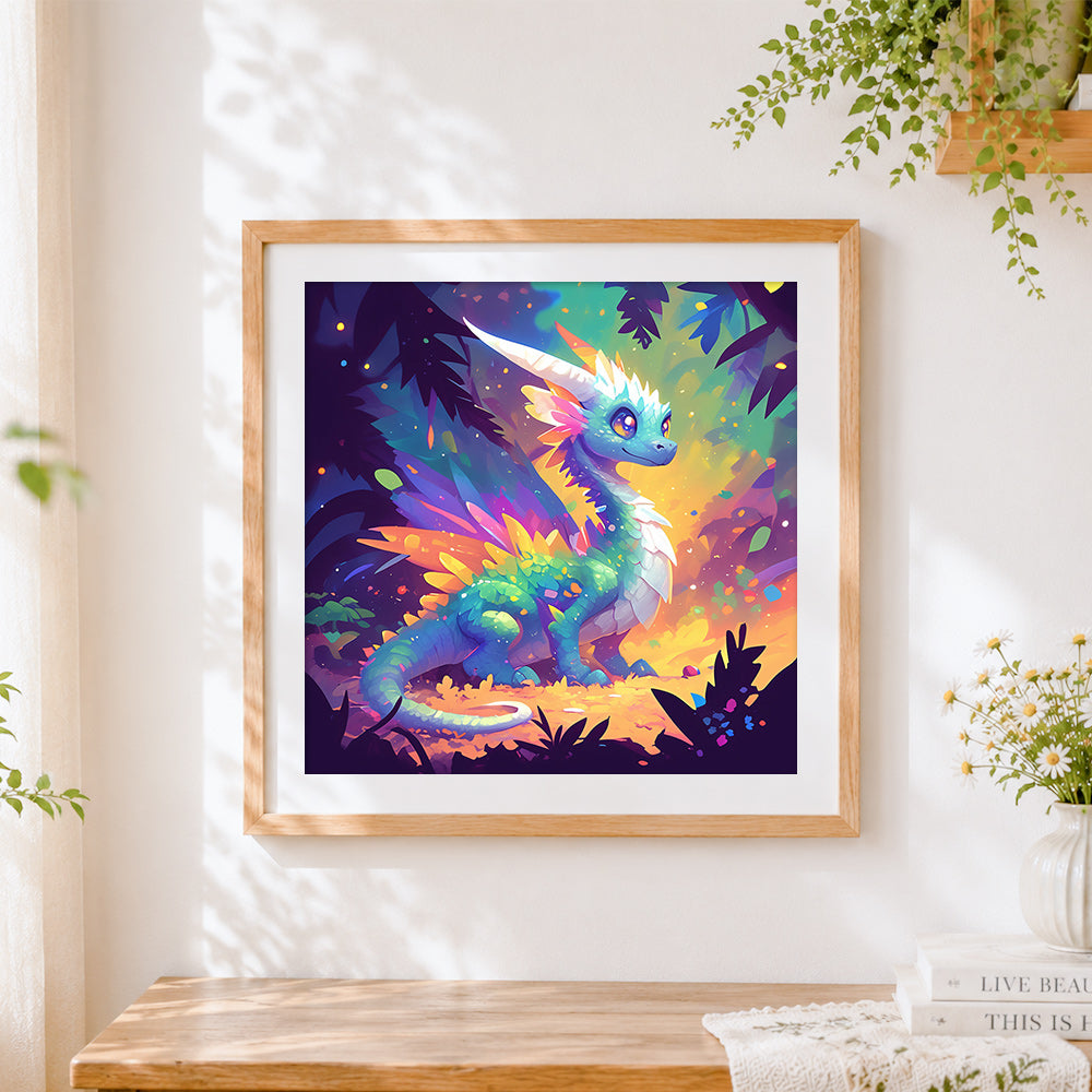 Finished magical rainbow dragon cross stitch artwork displayed