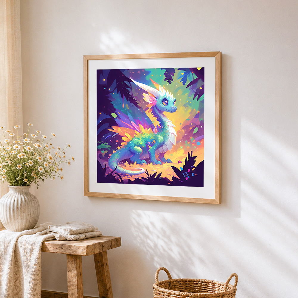 Magical rainbow dragon cross stitch artwork displayed on wall as home decor