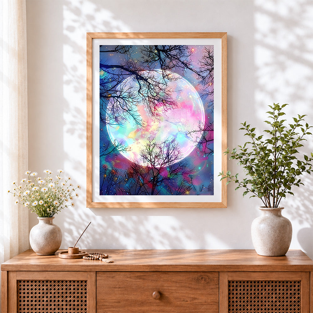 Finished magical rainbow full moon cross stitch artwork displayed