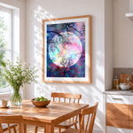 Magical rainbow full moon cross stitch artwork displayed on wall as home decor
