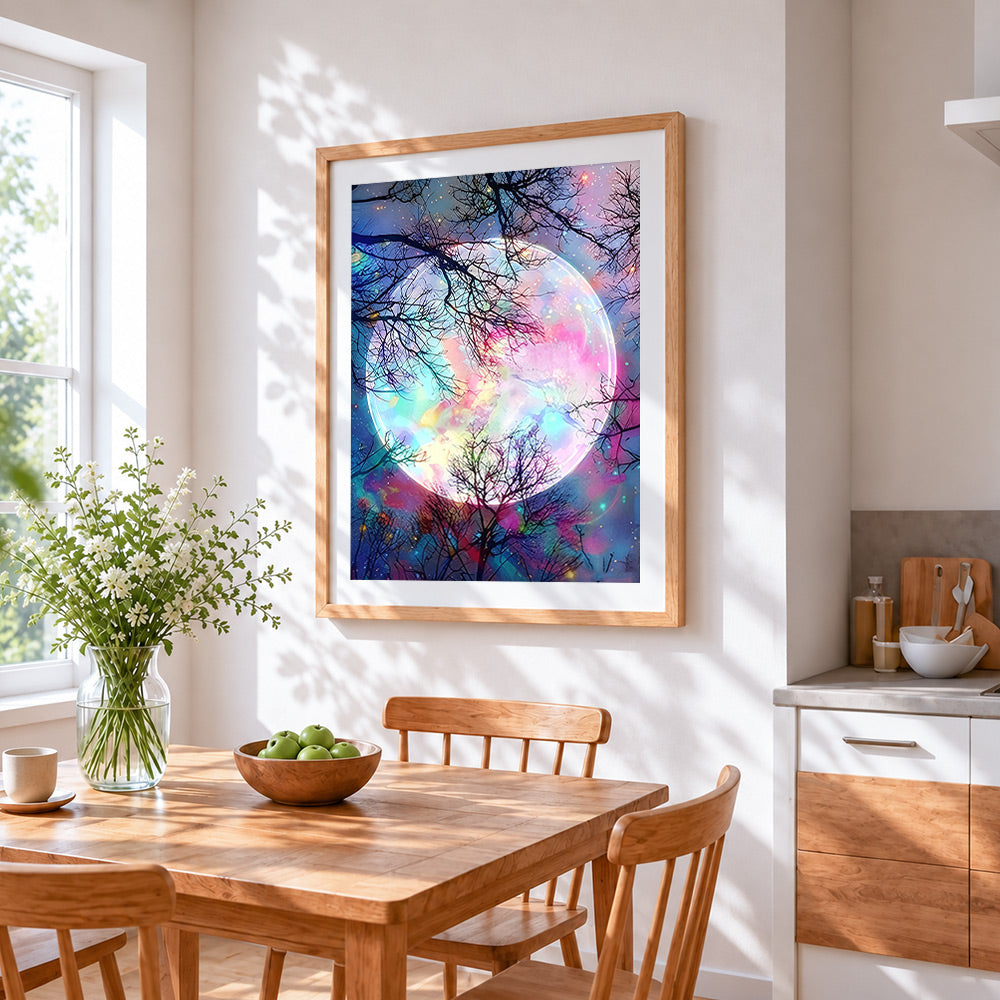 Magical rainbow full moon cross stitch artwork displayed on wall as home decor