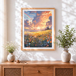 Finished magical rainbow meadow with butterflies cross stitch artwork displayed