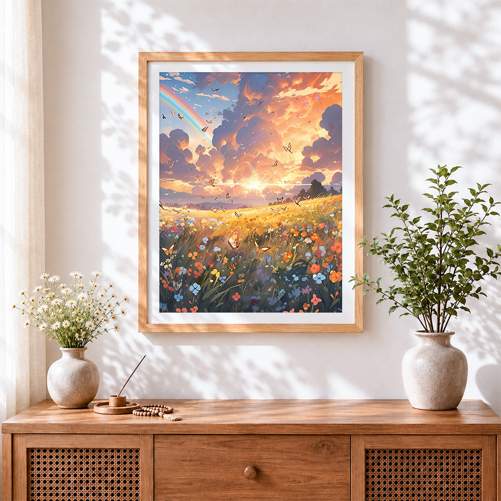 Finished magical rainbow meadow with butterflies cross stitch artwork displayed