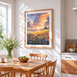 Magical rainbow meadow with butterflies cross stitch artwork displayed on wall as home decor