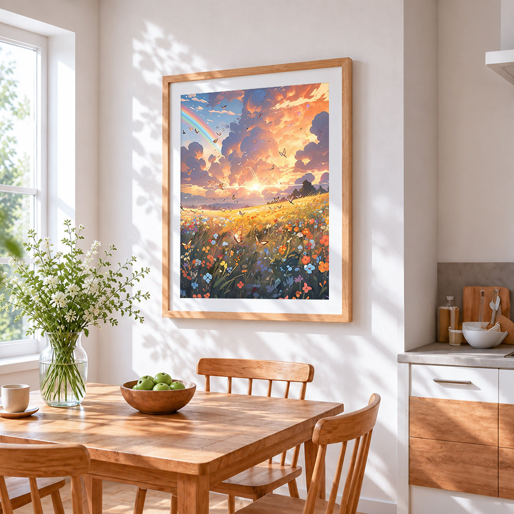 Magical rainbow meadow with butterflies cross stitch artwork displayed on wall as home decor