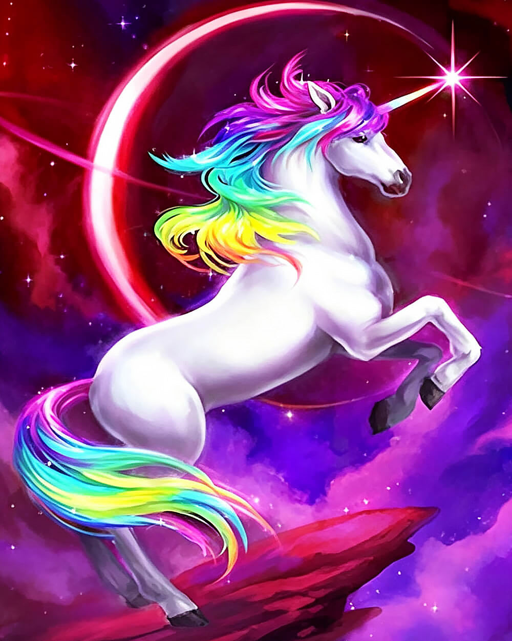 Magical rainbow unicorn in space cross stitch kit for beginners