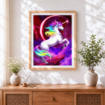 Finished magical rainbow unicorn in space paint by numbers artwork displayed as home decor