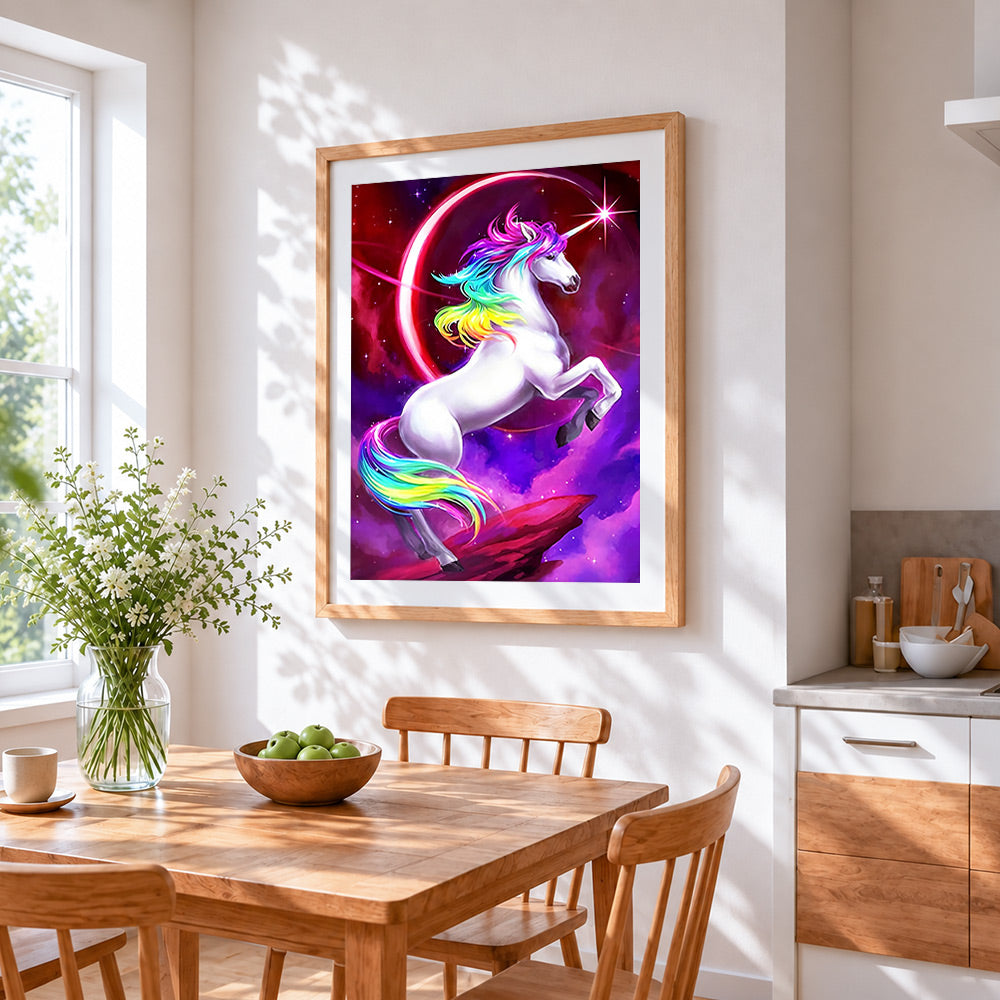 Magical rainbow unicorn in space paint by numbers artwork displayed on wall as home decor